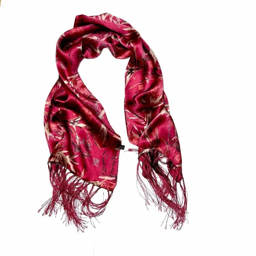 Men's Fuchsia Doubled Silk Scarf Hieroglyphs and Floral Bamboo Design Fringed - Picture 3 of 8